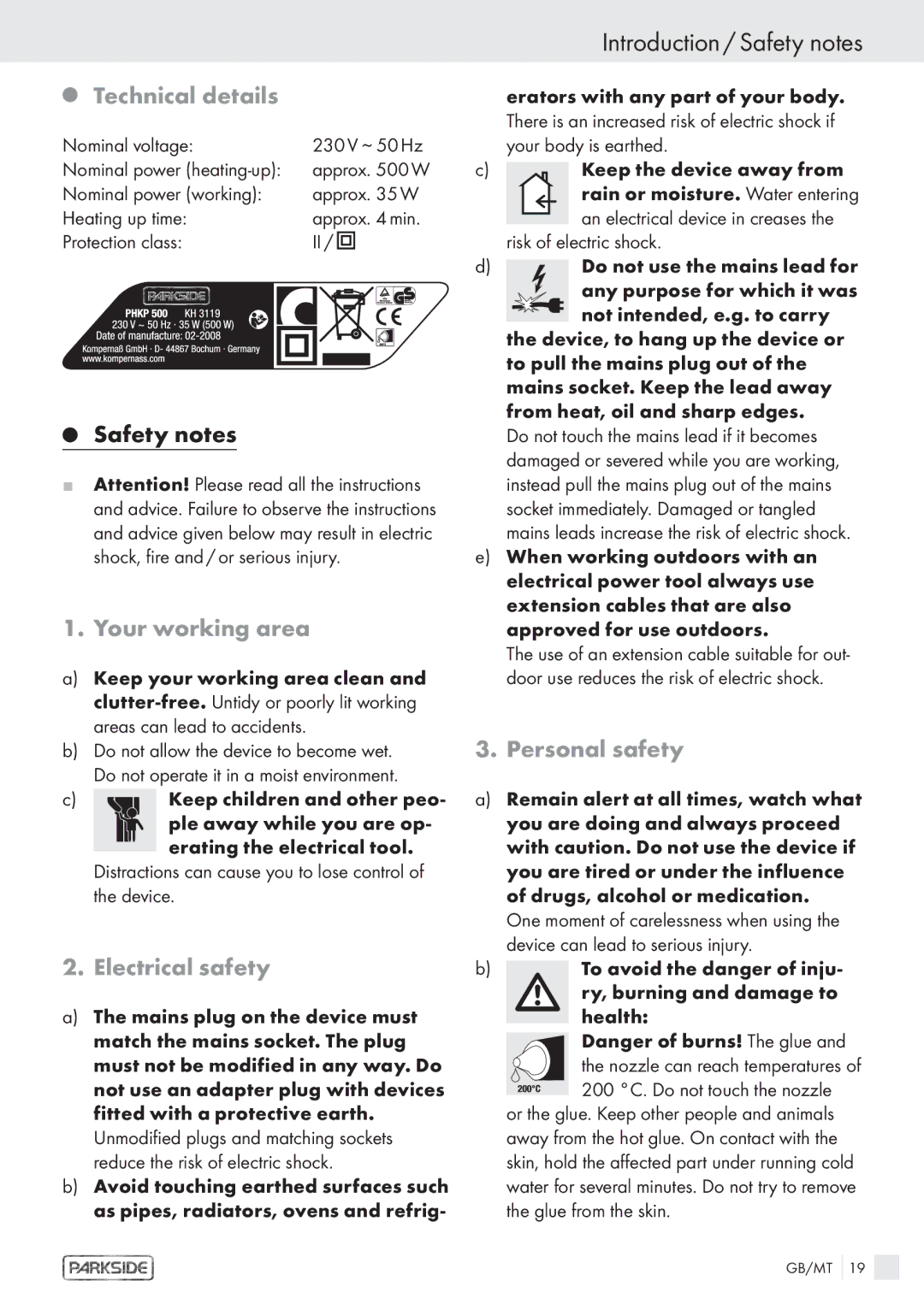 Kompernass KH 3119 Introduction / Safety notes, Technical details, Your working area, Electrical safety, Personal safety 